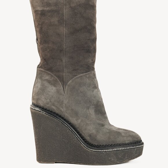 Yves Saint Laurent Grey Suede Shearling Platform Wedge Boot - Picture 1 of 10